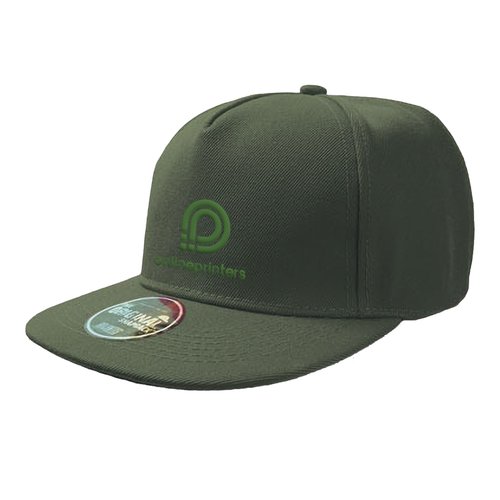 Cappellino snapback verde in tessuto con visiera piatta e chiusura regolabile.