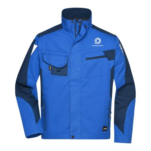 Giacca da lavoro blu in poliestere-cotone, unisex, con zip e tasche multiple.