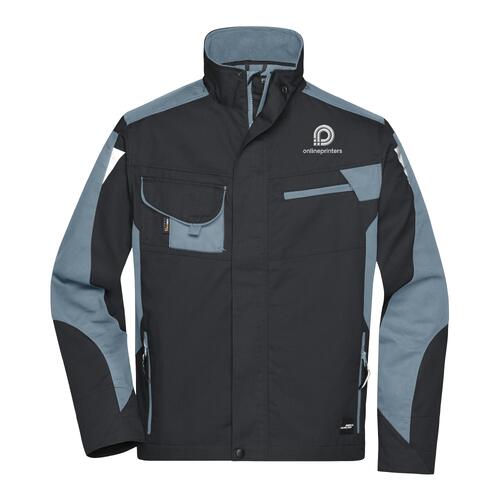 Giacca da lavoro unisex in materiale resistente con zip e tasche multiple.