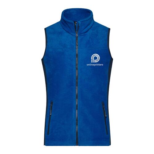 Gilet in pile di poliestere blu da donna con zip integrale e tasche.
