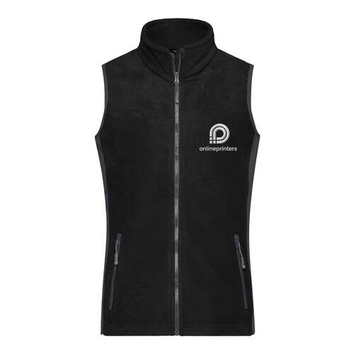 Gilet in pile di poliestere nero e grigio con cerniera integrale.
