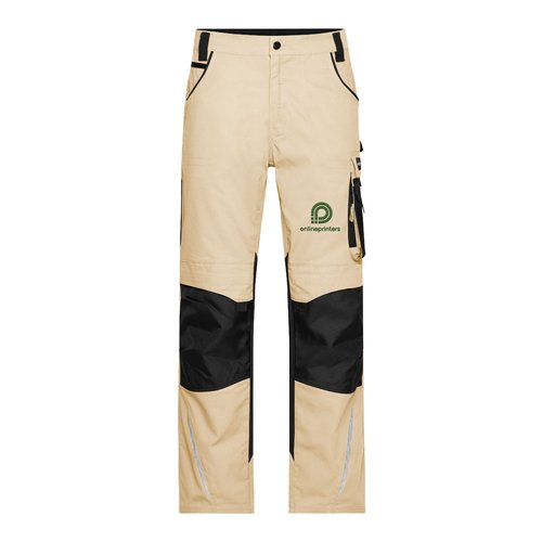 Pantaloni da lavoro beige/neri in misto poliestere-cotone con tasche multiple.