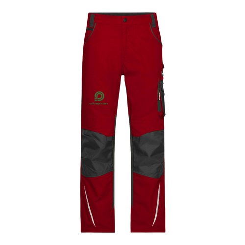 Pantaloni da lavoro rossi e neri in misto poliestere-cotone con tasche multiple.