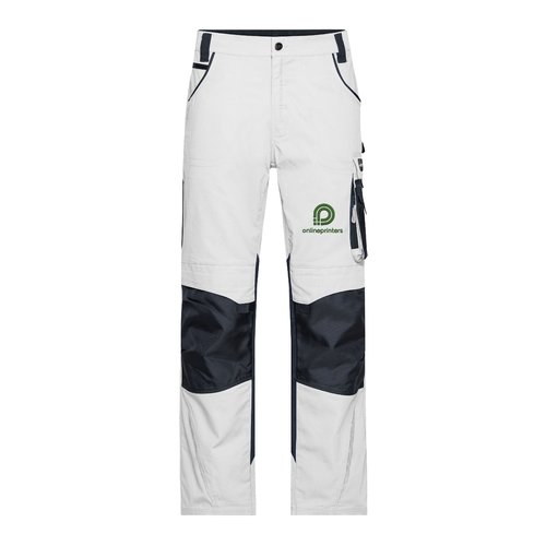 Pantaloni da lavoro bianchi/grigi in poliestere e cotone con tasche e ginocchia rinforzate.
