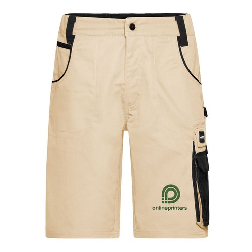 Pantaloncini da lavoro beige/nero in misto poliestere-cotone con tasche multiple.