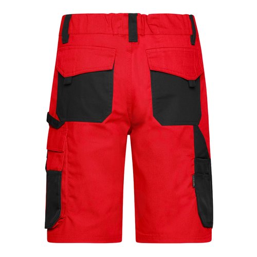 Pantaloncini da lavoro rossi e neri in misto poliestere-cotone con multiple tasche.