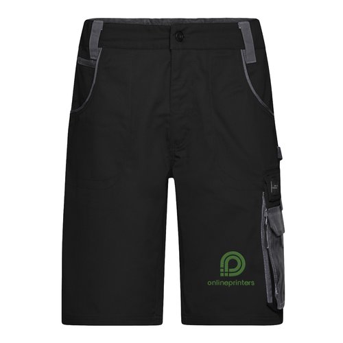 Pantaloncini da lavoro neri e grigi in misto poliestere-cotone con tasche multiple.