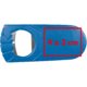 Apribottiglie blu in plastica con inserto in metallo.