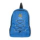 Zaino blu in tessuto con chiusura a coulisse e tasche laterali in rete.