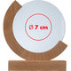 Trofeo in legno con base in legno e superficie rotonda trasparente.