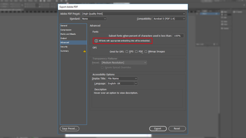 Screenshot delle impostazioni di esportazione di Adobe PDF. La scheda Avanzate mostra un errore: Tutti i font non incorporati saranno bitmap. La finestra di dialogo, che assomiglia alle impostazioni di Photoshop e Illustrator, include opzioni per incorporare font con InDesign, OPI e varie impostazioni di compatibilità.
