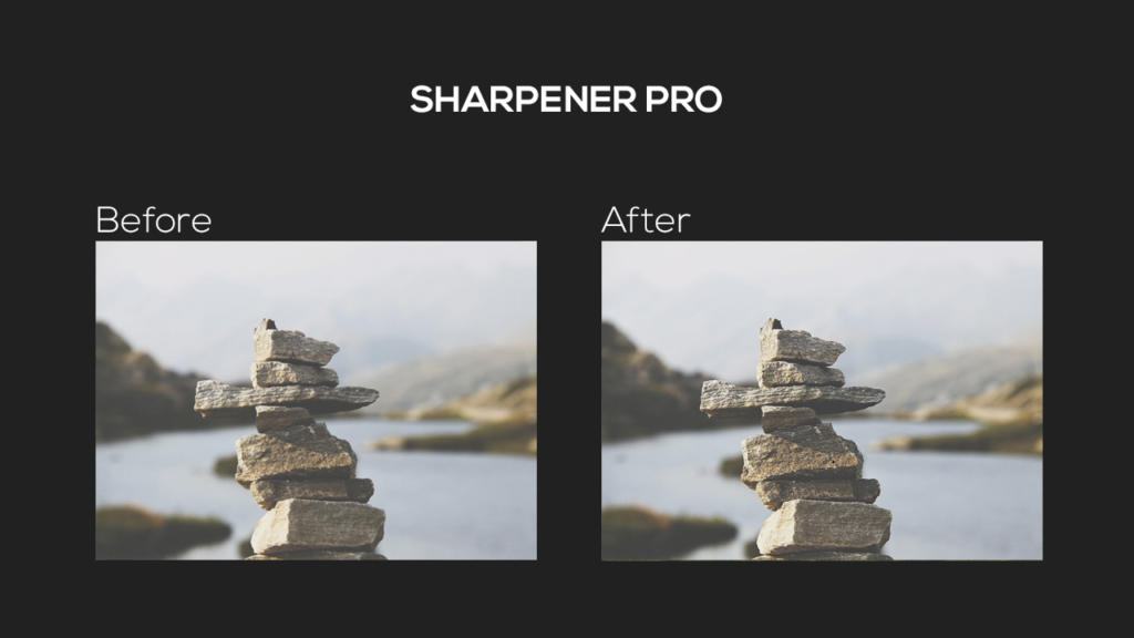 Un confronto affiancato mostra due immagini etichettate Before e After, che mostrano una pila di rocce su uno sfondo sfocato. L'immagine After è notevolmente più nitida con dettagli più chiari, migliorati da SHARPENER PRO di Google Nik Collection, il cui titolo è ben visibile sopra.