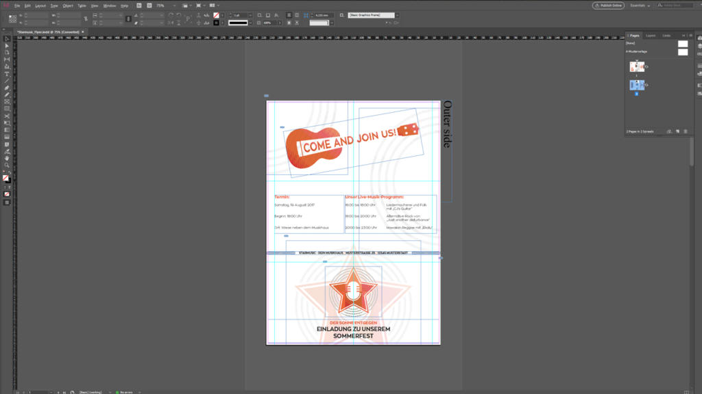 Screenshot di una finestra di progettazione grafica che mostra un layout di volantino, che ricorda un pieghevole a sei pagine. Il volantino presenta un'illustrazione di chitarra e il testo: Come and Join Us! con i dettagli del programma, accompagnato da un emblema a forma di stella in basso con la scritta Enabling Leadership Jam School.