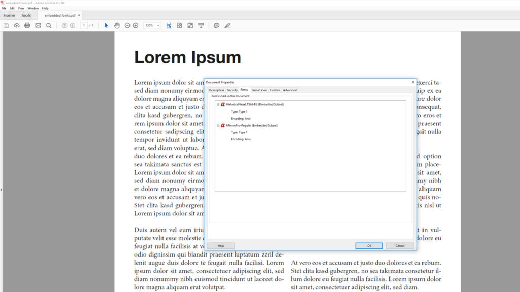 Screenshot di un visualizzatore PDF che mostra una pagina intitolata Lorem Ipsum con testo segnaposto. Una finestra delle proprietà rivela dettagli come la descrizione e i font utilizzati, in modo simile a quando si incorporare font con InDesign. La pagina è incorniciata dalla barra degli strumenti e dall'interfaccia del visualizzatore PDF.