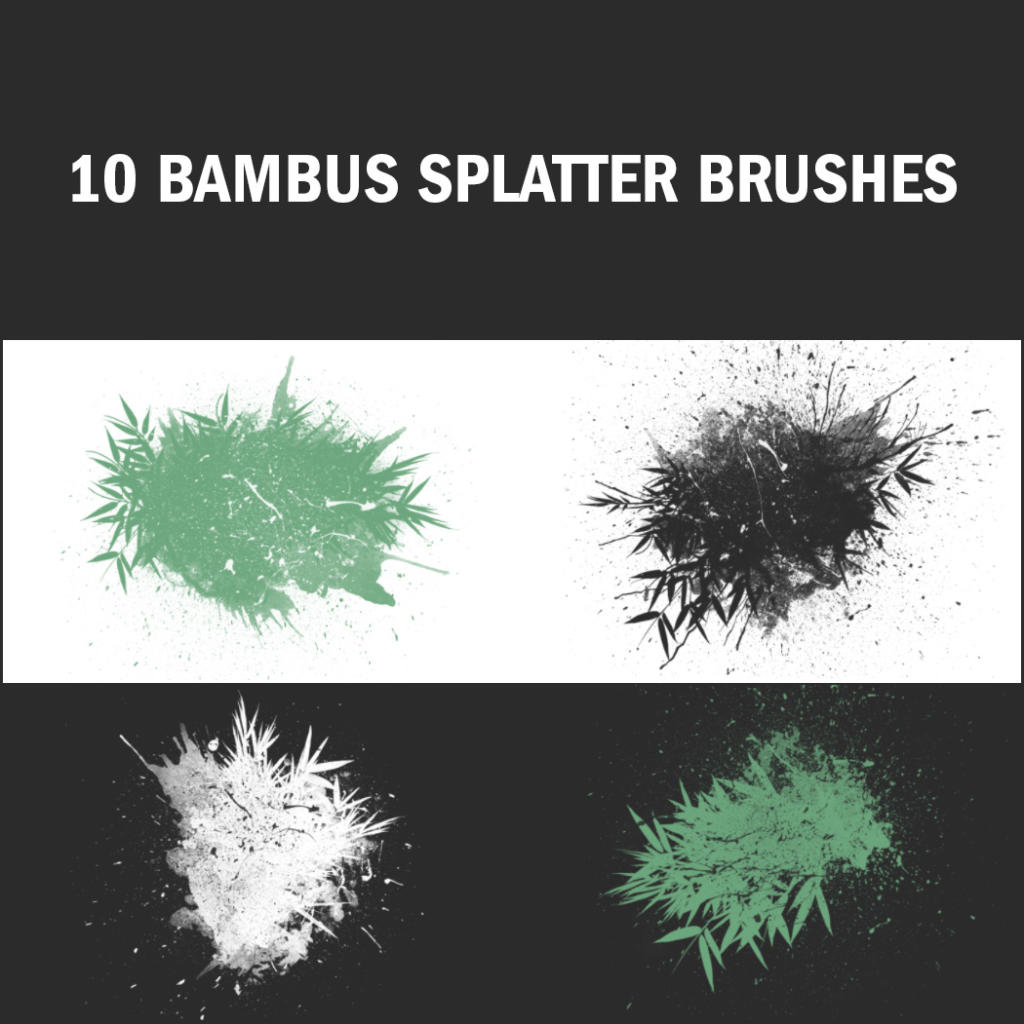 Sono visualizzate quattro texture di pennello splatter etichettate 10 Bambus Splatter Brushes. Ogni texture combina motivi di foglie di bambù con schizzi di inchiostro in diverse tonalità di verde, nero e bianco su uno sfondo scuro. Perfetto per coloro che cercano pennelli Photoshop gratuiti per migliorare la propria opera d'arte digitale.