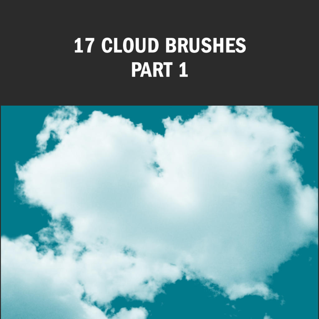 Una soffice nuvola bianca, a forma di cuore contro un cielo azzurro, spicca con il testo "17 Cloud Brushes Part 1" su uno sfondo nero. Scopri questi pennelli Photoshop gratuiti per aggiungere un tocco di stravaganza ai tuoi design digitali.