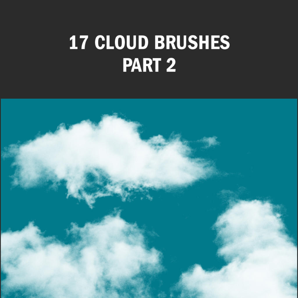 Immagine che mostra una grafica digitale con soffici nuvole bianche contro un cielo color verde acqua. Il testo in alto recita 17 Cloud Brushes Part 2, con "pennelli photoshop gratuiti" per un'esperienza creativa migliorata.