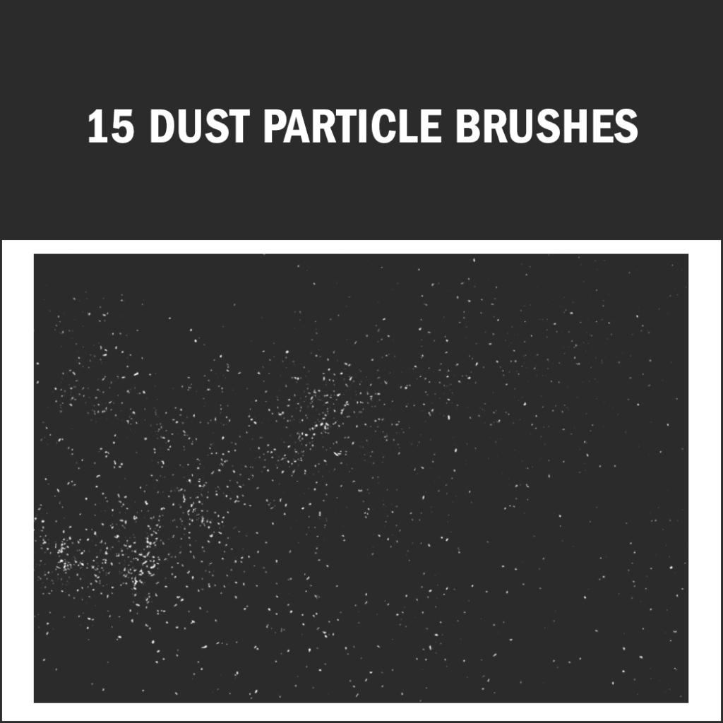 Il testo recita "15 Dust Particle Brushes" in alto. In basso, un'area rettangolare mostra uno sfondo nero con particelle bianche sparse simili a polvere, che ricordano un cielo notturno stellato. Questi pennelli Photoshop gratuiti portano ispirazione cosmica alle tue creazioni digitali.