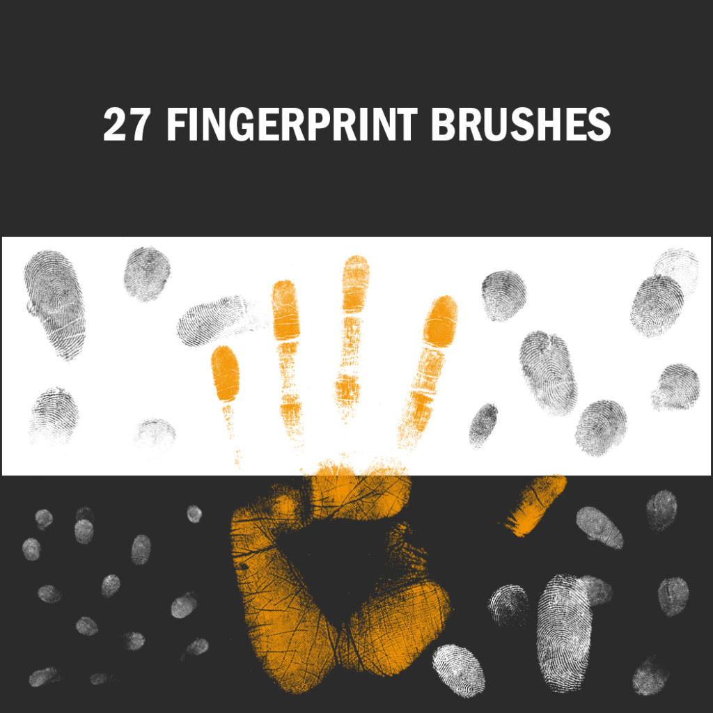 Il set di arte digitale, 27 Fingerprint Brushes, presenta disegni di impronte digitali e di mani nere e arancioni su sfondi contrastanti. Perfetti per i creativi, questi pennelli Photoshop gratuiti esaltano la tua opera d'arte con contrasti sorprendenti.