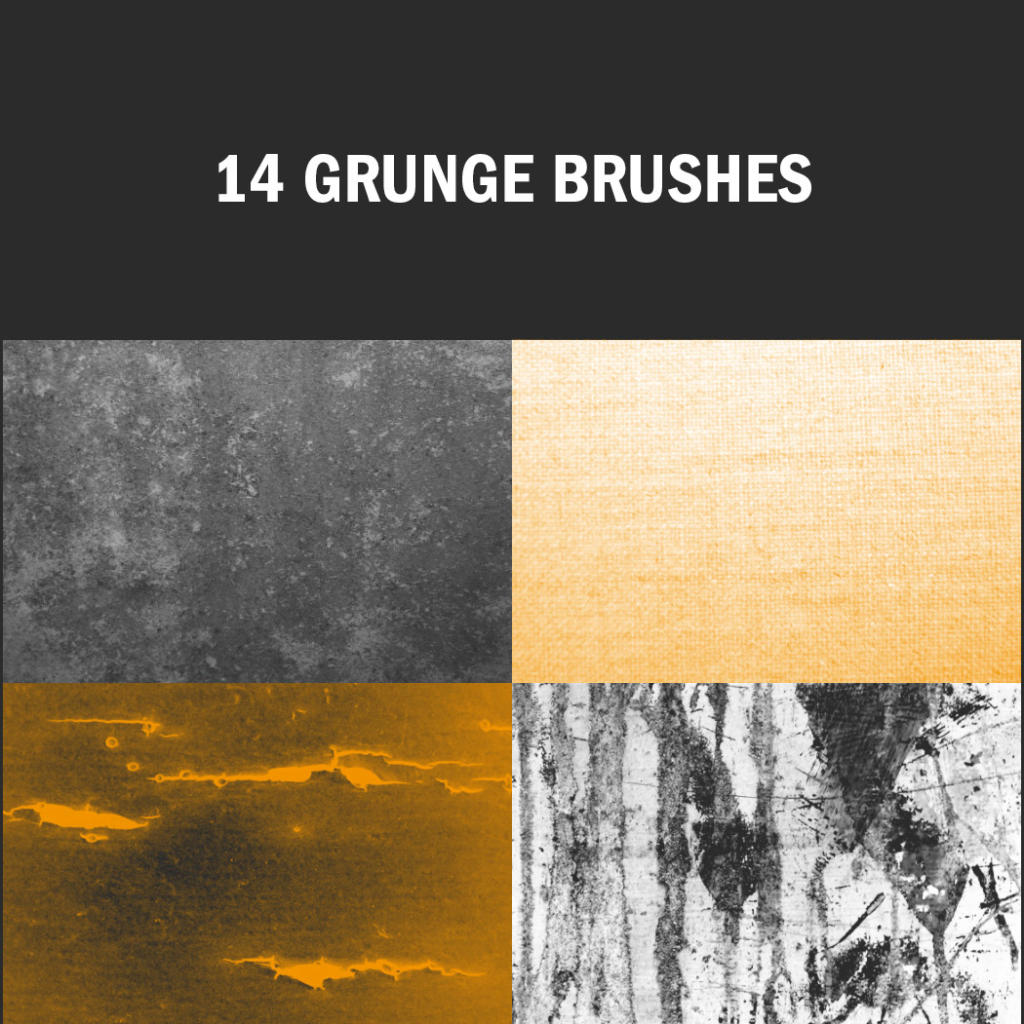 Una griglia mostra quattro campioni di texture grunge in vari colori e motivi. Il testo in alto, "14 Grunge Brushes", spicca su uno sfondo scuro, evidenziando il fascino di esplorare questi pennelli Photoshop gratuiti.