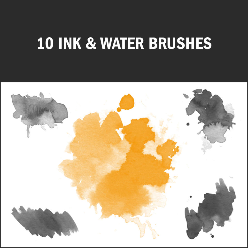 Un'immagine promozionale mostra un set di dieci pennelli per inchiostro e acquerello, etichettati come "10 Ink & Water Brushes", che creano schizzi in tonalità di nero, grigio e arancione. Ideali per gli artisti che cercano texture varie, questi pennelli Photoshop gratuiti offrono diverse opacità su uno sfondo bianco immacolato.