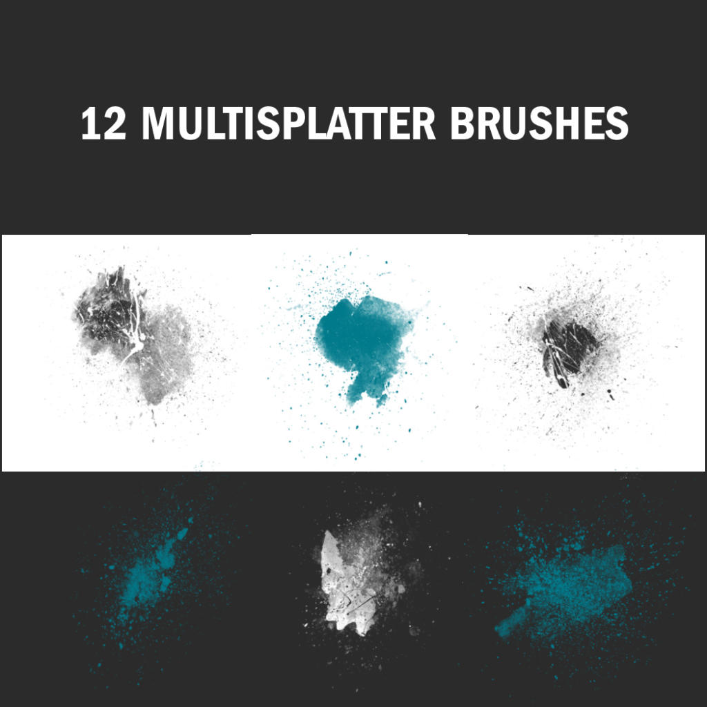 Una grafica che mostra 12 Multisplatter Brushes, con esempi di design splatter in tonalità di grigio e verde acqua. La metà superiore presenta testo su uno sfondo bianco, mentre la metà inferiore mostra design su sfondo nero. Perfetto per chi cerca pennelli Photoshop gratuiti per migliorare i propri progetti.