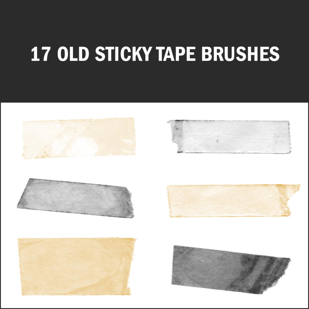 Un grafico intitolato 17 Old Sticky Tape Brushes mostra sei texture di pezzi di nastro adesivo vecchi e strappati in tonalità gialle e grigie su uno sfondo bianco. Perfetto per gli artisti che cercano pennelli Photoshop gratuiti per aggiungere un tocco vintage ai loro design.