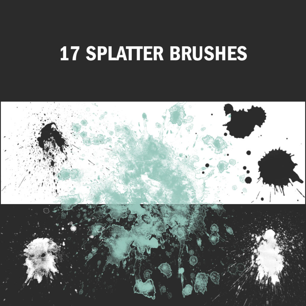 Una collezione di 17 pennelli Photoshop gratuiti splatter è visualizzata su uno sfondo nero. L'anteprima mostra vari effetti splatter in nero e verde acqua, che ricordano macchie di inchiostro o vernice di diverse dimensioni e forme.