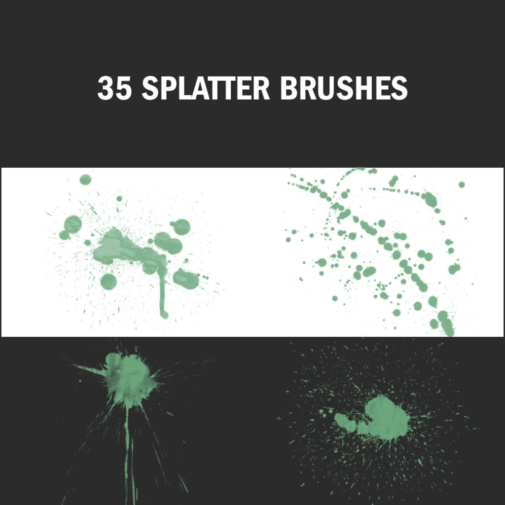 Un grafico che mostra 35 Splatter Brushes in alto, con schizzi di vernice verde in varie forme e dimensioni su uno sfondo bianco e nero. Perfetto per chi cerca pennelli Photoshop gratuiti per migliorare i propri progetti creativi.