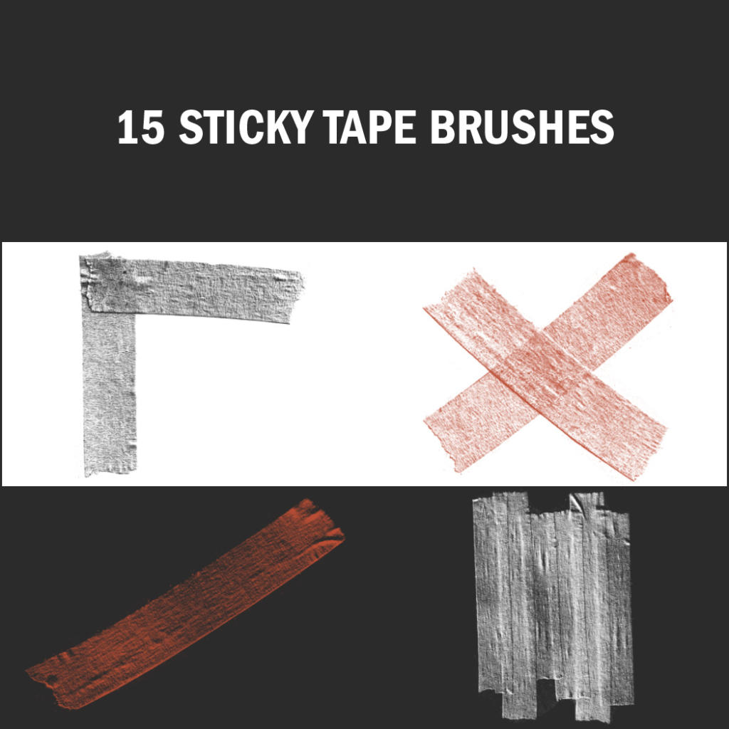 Un'immagine digitale mostra varie texture di pennello con nastro adesivo. La metà superiore presenta il testo "15 Sticky Tape Brushes" sopra un disegno a forma di croce e a forma di L. Sotto ci sono due texture di pennellate, una in rosso e una in grigio, su uno sfondo scuro, che evidenziano pennelli Photoshop gratuiti.