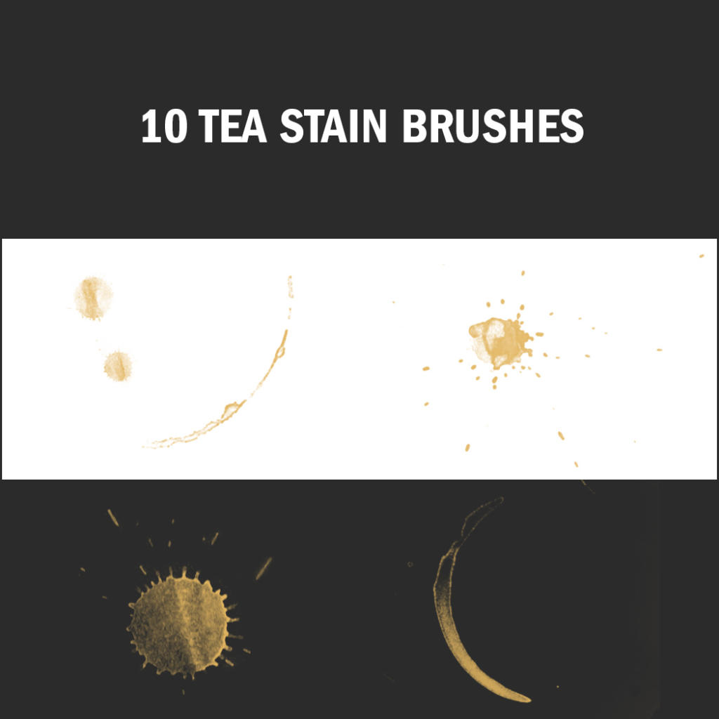 Un grafico mostra 10 pennelli Photoshop gratuiti per effetti di macchie di tè su uno sfondo scuro. Due file presentano diversi design di pennelli, con schizzi e forme ad anello su sfondi contrastanti.