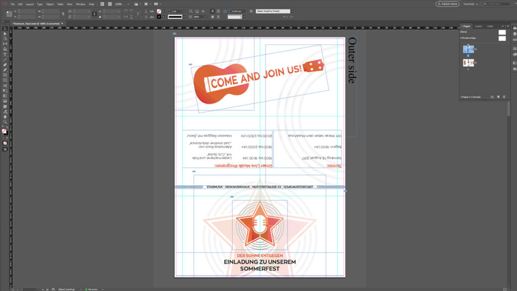 Un layout InDesign per un invito pieghevole a sei pagine con una chitarra arancione e un testo in grassetto, COME AND JOIN US!, accanto a un microfono stilizzato su una stella. Lo sfondo mostra linee vorticose con una sezione etichettata Outer side.