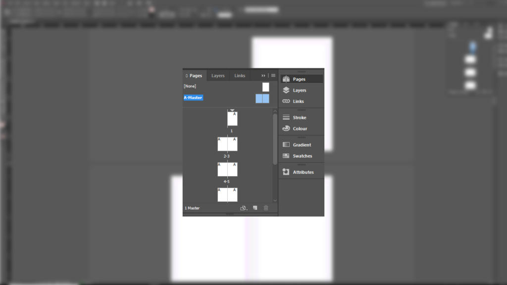 Screenshot di un'interfaccia software di desktop publishing che mostra un pannello con schede: Pagine, Livelli e Collegamenti. La scheda Pagine è attiva e mostra anteprime in miniatura etichettate A-Master e tre pagine. Altre opzioni includono Traccia, Colore, Attributi e numerazione pagine nelle funzionalità di InDesign.