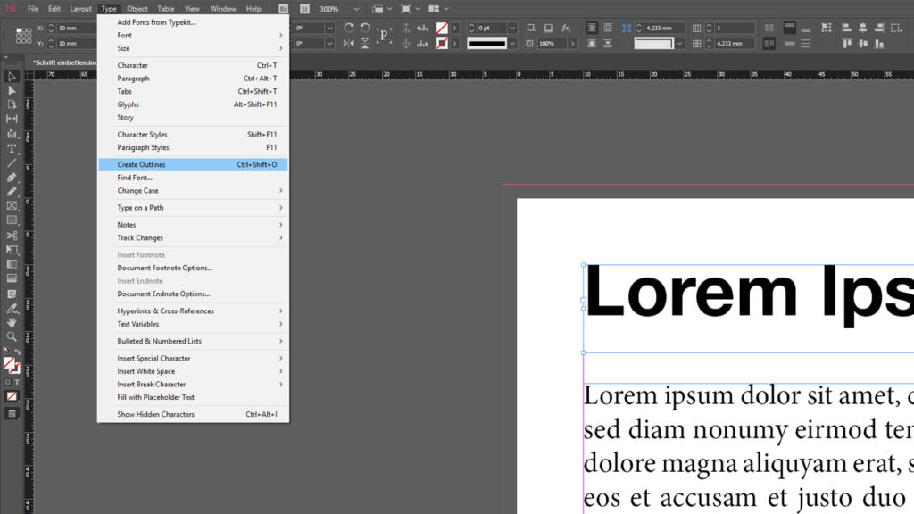 Screenshot di Adobe InDesign con un documento aperto. Il testo Lorem Ipsum è evidenziato sulla pagina. Il menu Tipo è aperto, mostrando opzioni come Font e Dimensione per incorporare senza problemi i font in InDesign, Photoshop e Illustrator. L'interfaccia e gli strumenti sono visibili nell'area di lavoro.