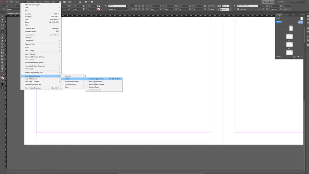 Screenshot dell'interfaccia di Adobe InDesign che mostra un documento vuoto con linee di griglia. Un menu a discesa è aperto sotto Layout, con Margini e Colonne evidenziati. La finestra mostra vari pannelli e strumenti attorno all'area del documento, pronti per la personalizzazione, inclusa la numerazione pagine in InDesign.