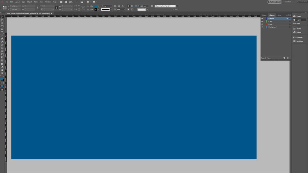Screenshot dell'interfaccia di Adobe InDesign che mostra un rettangolo blu su uno sfondo grigio, perfetto per creare banner pubblicitari. Sono visibili la barra degli strumenti superiore e i pannelli di destra, che mostrano varie opzioni di progettazione e strumenti.