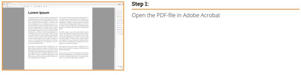 L'immagine mostra un grafico in due parti. A sinistra, un documento è aperto in Adobe Acrobat con testo segnaposto Lorem Ipsum. A destra, si legge Passaggio 1: aprire il file PDF in Adobe Acrobat per incorporare font con InDesign senza problemi.