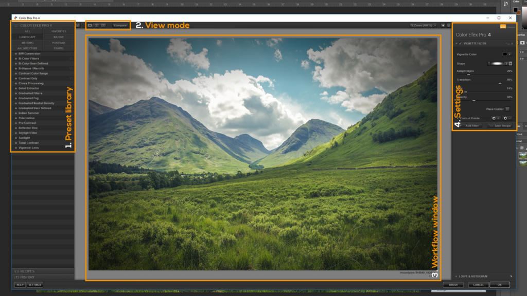 L'interfaccia del software di fotoritocco, che presenta la Google Nik Collection, mostra un'immagine di paesaggio di colline verdi sotto un cielo parzialmente nuvoloso. Le sezioni etichettate Libreria preset, Modalità visualizzazione, Finestra flusso di lavoro e Impostazioni offrono varie opzioni di modifica sullo schermo.