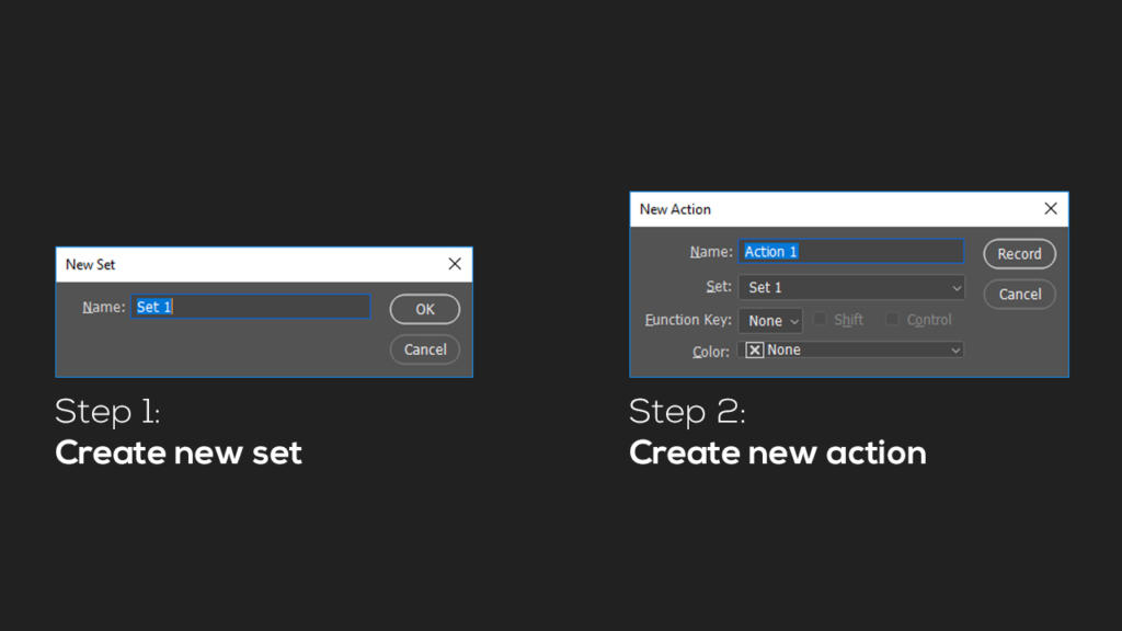 Due finestre di dialogo per creare un nuovo set e un'azione in un software, simili alle azioni in Photoshop. La prima mostra Nome: Set 1, con i pulsanti OK e Annulla. La seconda mostra Nome: Azione 1 con opzioni per tasto funzione e colore. Passaggio 1: Crea nuovo set. Passaggio 2: Crea nuova azione.