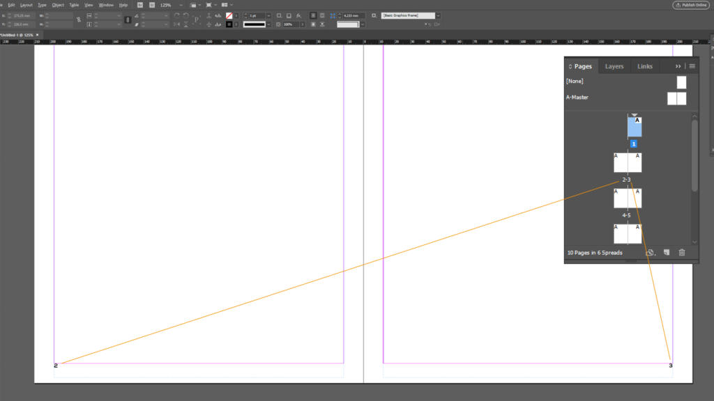 Screenshot di Adobe InDesign che mostra una doppia pagina vuota con numerazione pagine in indesign. Il pannello di destra rivela un menu Pagine con sei miniature, mentre una linea guida diagonale attraversa con eleganza la doppia pagina dal basso a sinistra all'alto a destra.