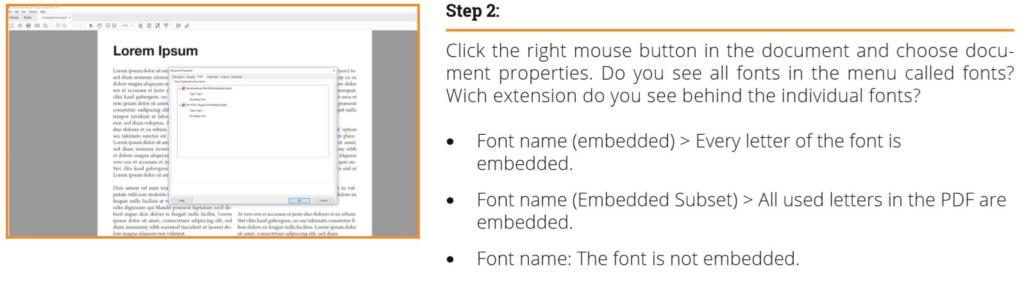 Screenshot di un documento che mostra una finestra delle proprietà PDF. Il testo a destra spiega il Passaggio 2: controllo dell'incorporamento dei font nei PDF tramite strumenti come incorporare font con InDesign o Photoshop e Illustrator, descrivendo in dettaglio le differenze tra font completamente incorporati, sottoinsiemi e font non incorporati.