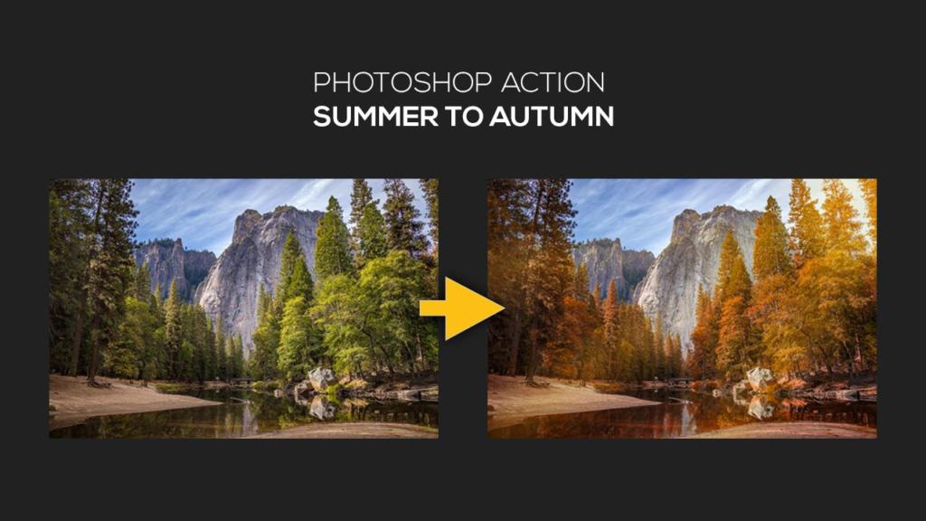 Un confronto affiancato di un paesaggio con un fiume, alberi e montagne. L'immagine a sinistra mostra un lussureggiante fogliame estivo verde, mentre quella a destra mostra i caldi colori autunnali. Una freccia gialla etichettata azioni in Photoshop: Summer to Autumn punta da sinistra a destra.