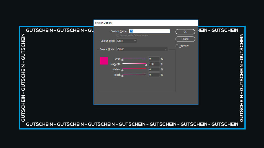 Screenshot di un software di progettazione che mostra la finestra di dialogo Opzioni campione con un effetto Vernice in rilievo. Visualizza un colore denominato C: Cyan 0%, Magenta 92%, Yellow 0%, Black 0%. Lo sfondo presenta il testo ripetuto GUTSCHEIN in alto e in basso.