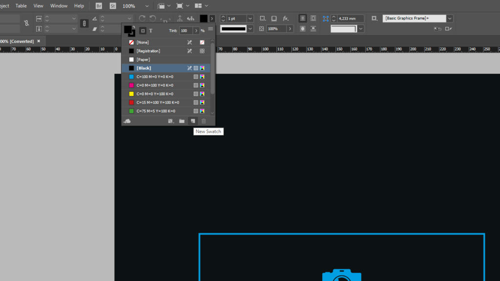Screenshot di un'interfaccia software di progettazione grafica che mostra campioni di colore, pannello livelli e strumenti. Lo sfondo è scuro con guide ciano e un pop-up con la scritta Nuovo campione appare vicino al pannello campioni. La funzionalità Vernice in rilievo aggiunge profondità ai colori.