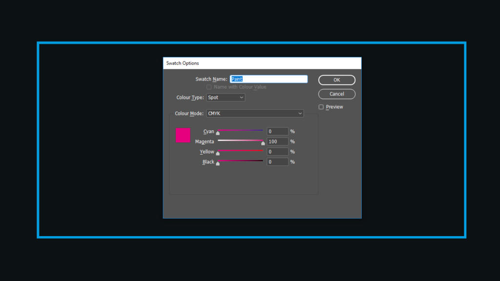 Screenshot di una finestra software intitolata Swatch Options che mostra una configurazione di colori CMYK con Vernice in rilievo. Il campo del nome è etichettato Pant e i cursori mostrano 0% Cyan, 100% Magenta, 0% Yellow e 0% Black. Vengono visualizzate le opzioni per annullare o confermare.