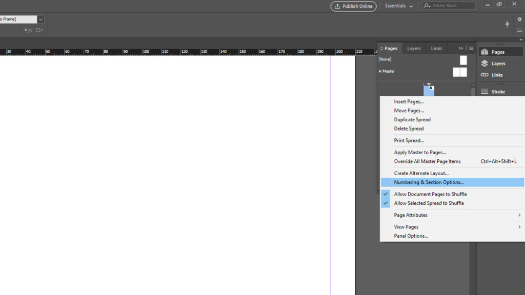Screenshot dell'interfaccia di Adobe InDesign che mostra un documento vuoto accanto al pannello Pagine. Un menu contestuale, con opzioni come Inserisci pagine..., Elimina spread e opzioni di numerazione e sezione, evidenzia come la numerazione pagine in InDesign può essere gestita in modo efficiente.