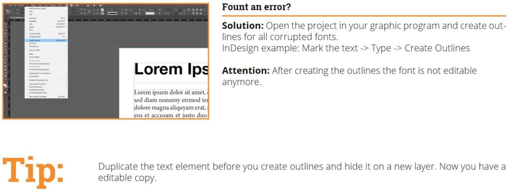 Screenshot che mostra un'interfaccia software di progettazione grafica con una soluzione per errori di font. Il testo in alto consiglia di creare contorni per i font, perfetti quando si incorporano font in Photoshop e Illustrator. Il suggerimento in basso suggerisce di duplicare il testo prima di delineare per mantenere una copia modificabile.