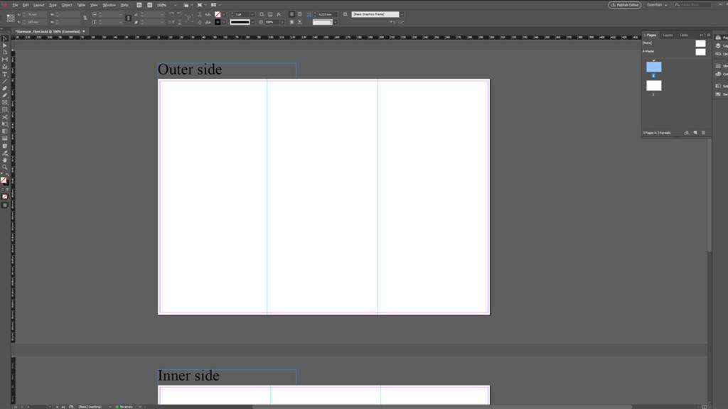 Schermata di un software di progettazione che mostra un modello di brochure pieghevole a tre ante vuoto, noto come pieghevole a sei pagine. Lo schermo mostra righelli, margini e linee guida. Sono visibili le sezioni etichettate Outer side e Inner side, con ampio spazio per elementi di design e testo.