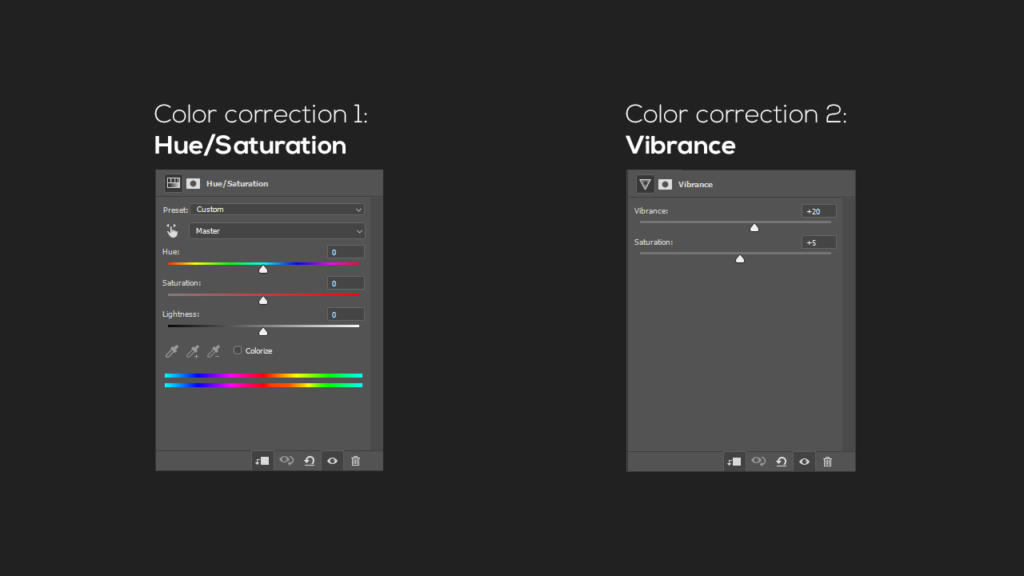 Immagine che mostra due pannelli di correzione colore in Photoshop. Il primo pannello è per Tonalità/Saturazione con opzioni per regolare tonalità, saturazione e luminosità, mentre il secondo pannello si concentra su Vibrance con cursori per regolazioni di Vibrance e saturazione. Perfetto per mettere a punto le tue azioni in Photoshop.