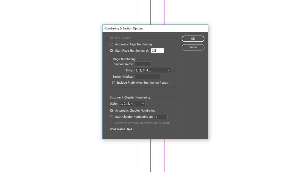 Schermata di una finestra Opzioni numerazione e sezione in InDesign che mostra le impostazioni per numerazione pagine, numerazione capitolo, prefisso sezione e opzioni correlate. La casella di numerazione pagina iniziale mostra 20. Ci sono i pulsanti OK e Annulla.